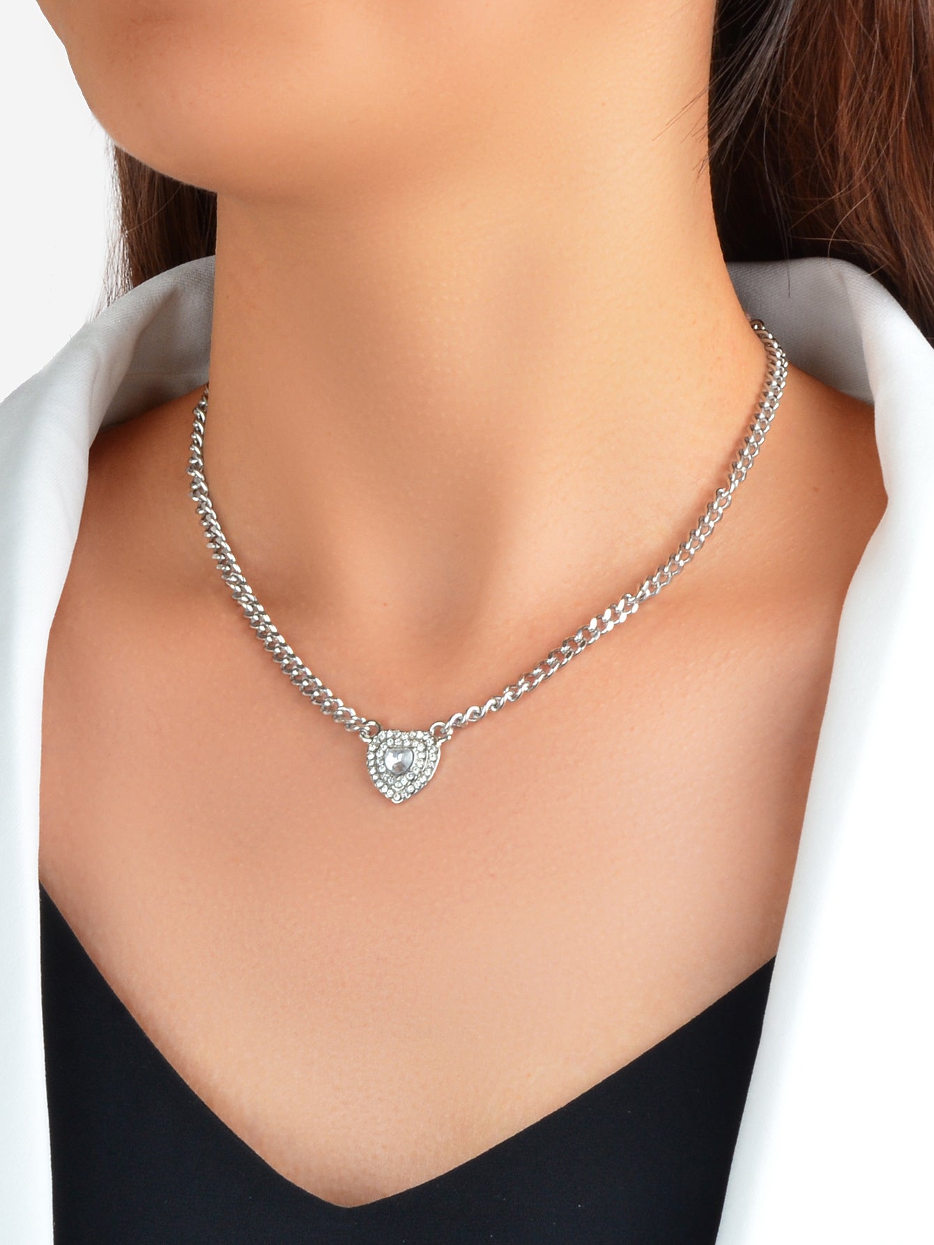 Silver Chain Full Rhinestone Heart Pendant Necklace