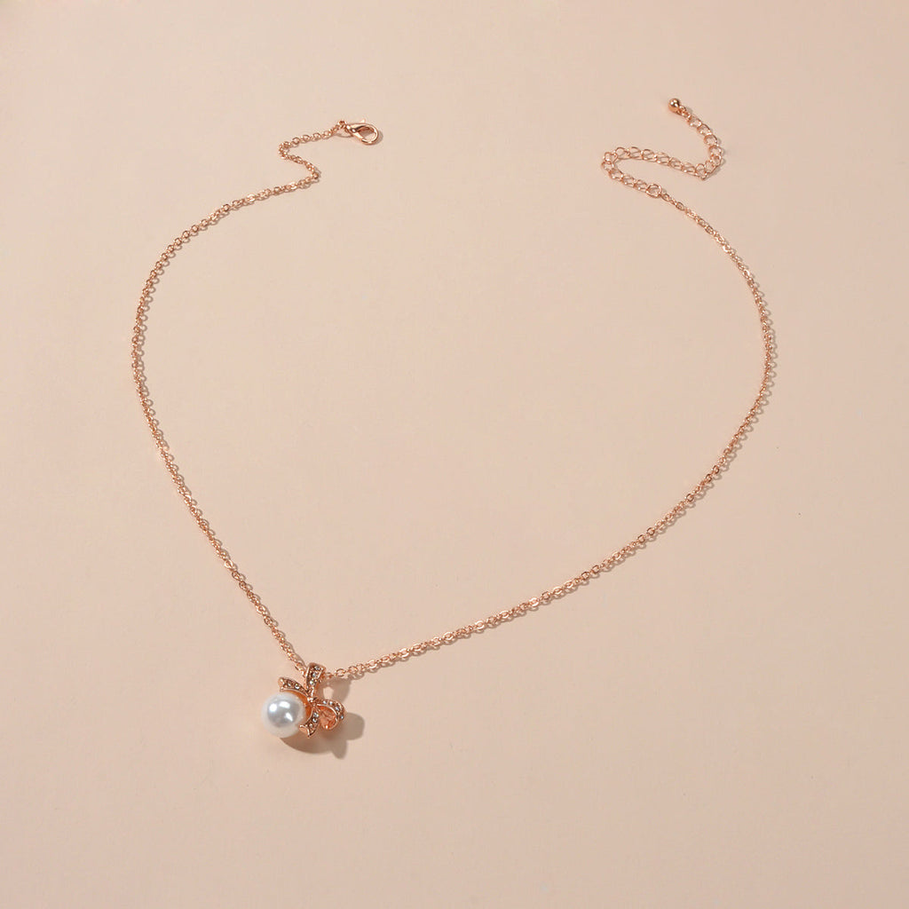 Rhinestone Rosegold Chain Pearl Bowknot Necklace