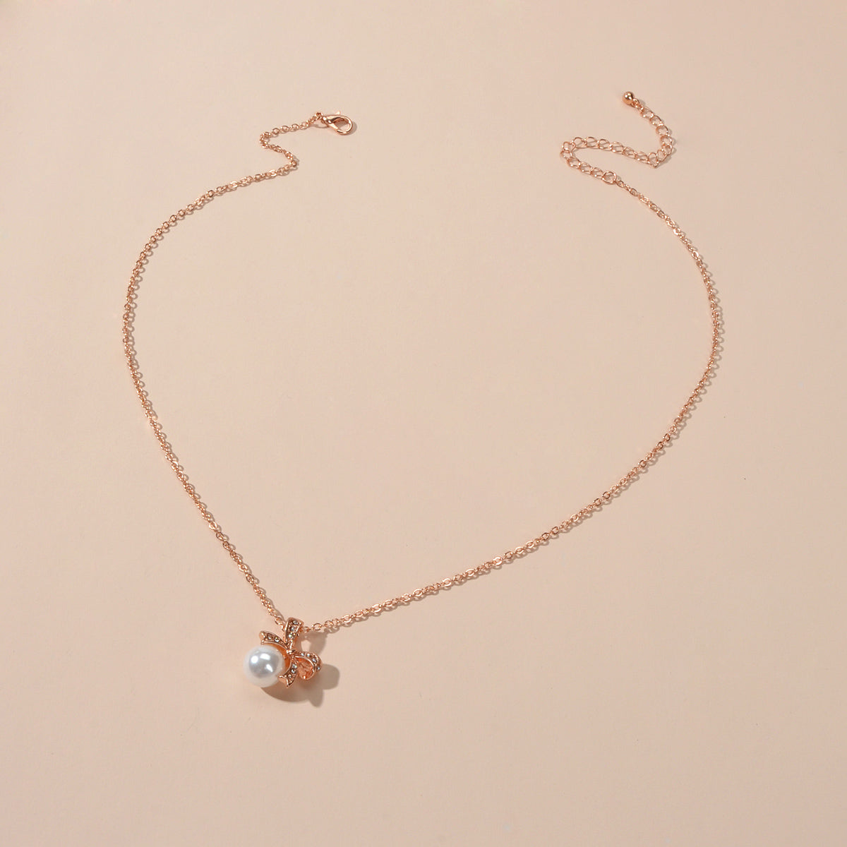 Rhinestone Rosegold Chain Pearl Bowknot Necklace