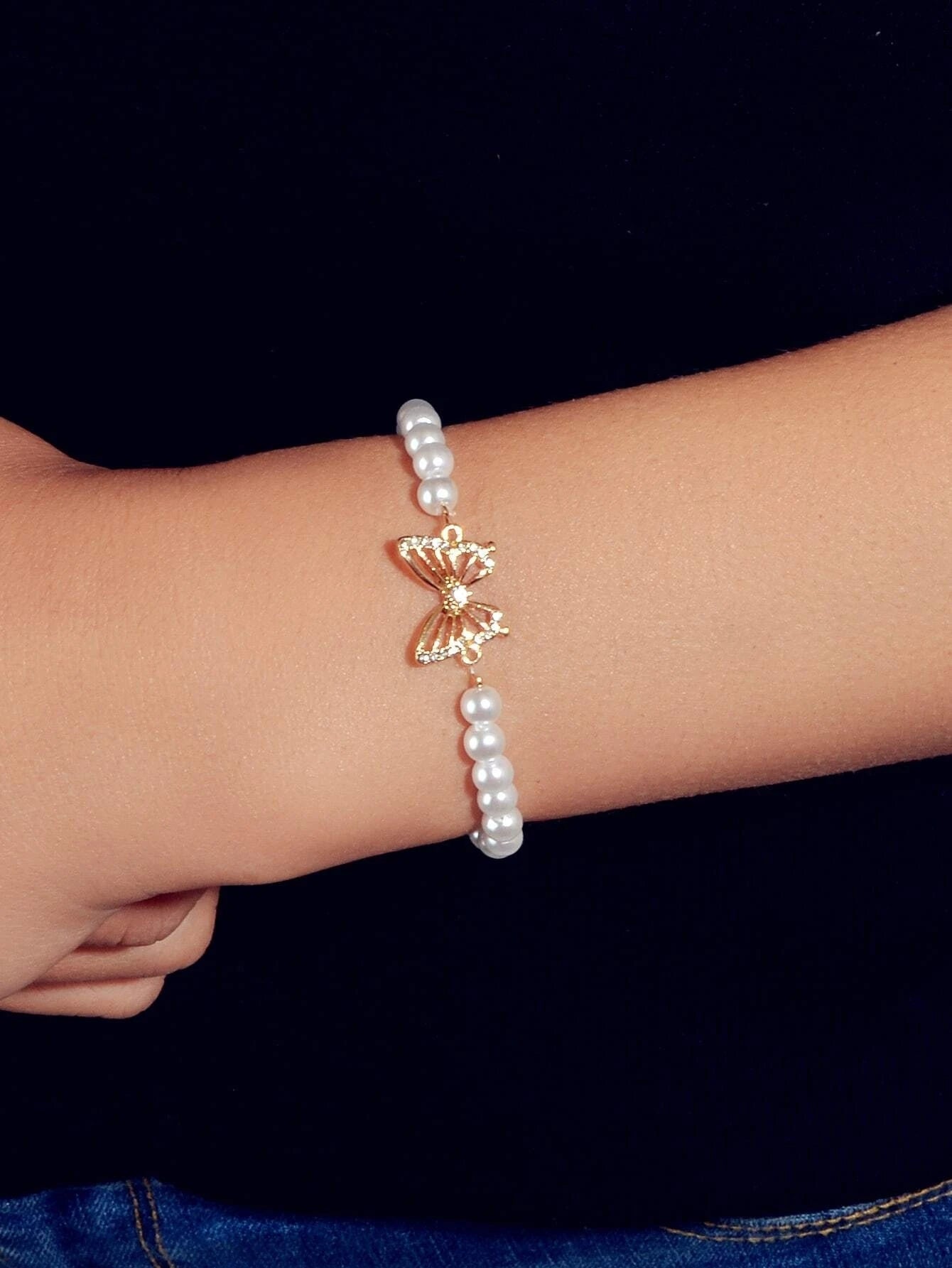 Rhinestone Butterfly Charm Pearl Sliding Adjustable Bracelet