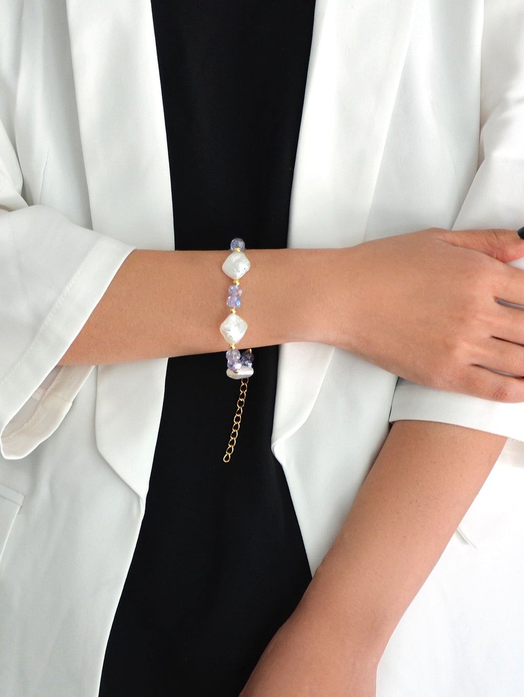 Pearl White Purple Beads Bracelet