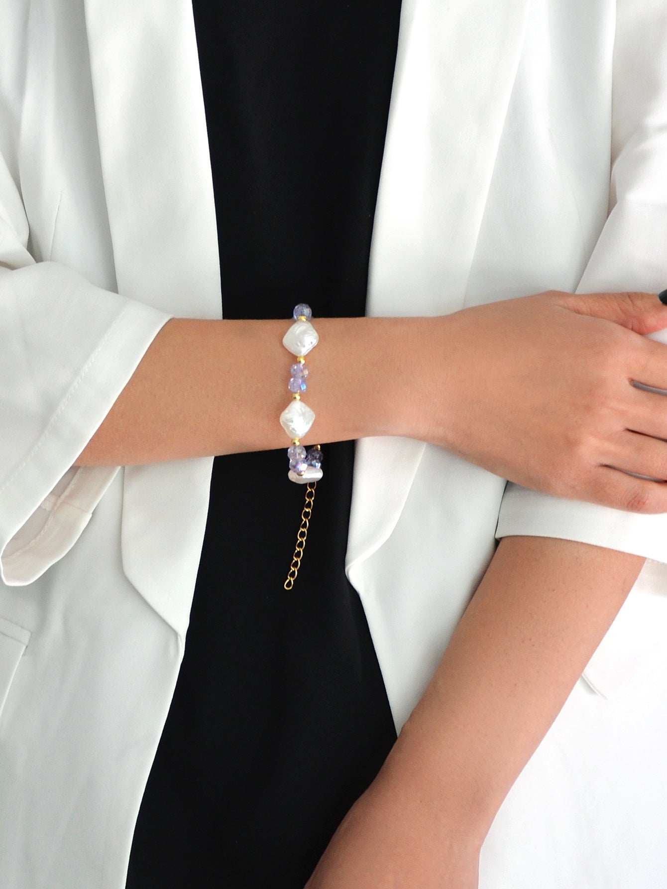 Pearl White Purple Beads Bracelet