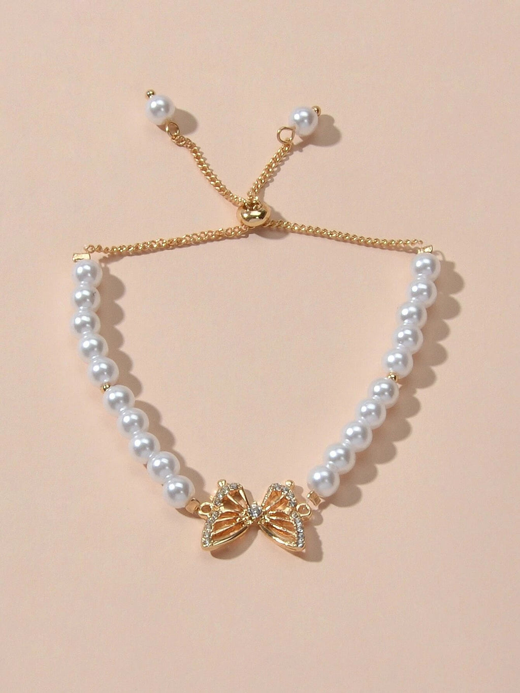 Rhinestone Butterfly Charm Pearl Sliding Adjustable Bracelet