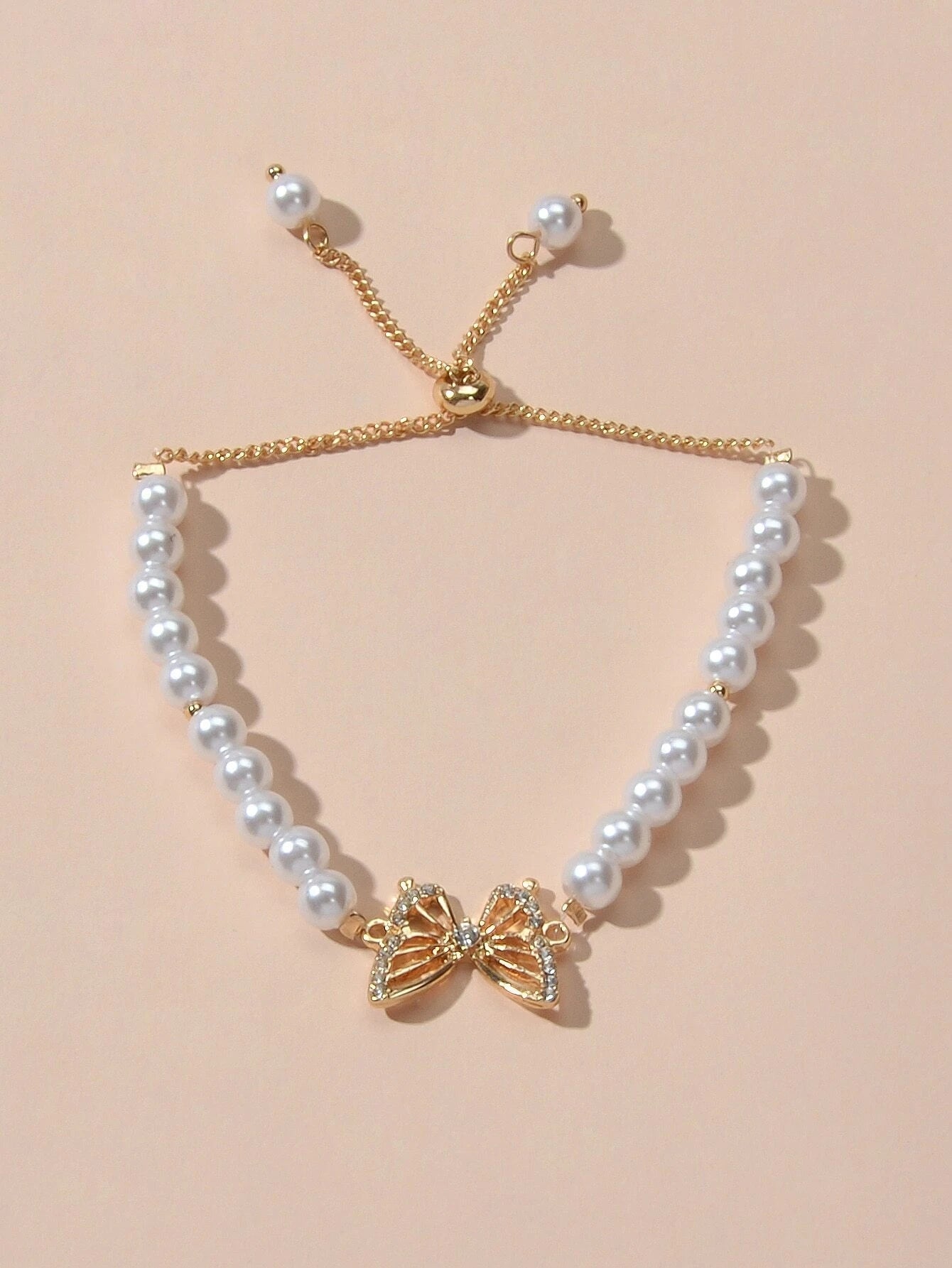 Rhinestone Butterfly Charm Pearl Sliding Adjustable Bracelet