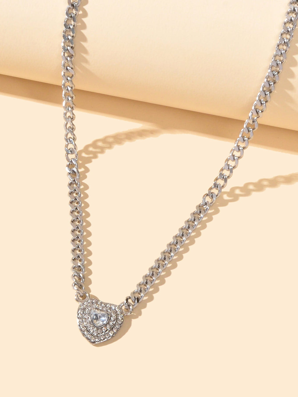 Silver Chain Full Rhinestone Heart Pendant Necklace