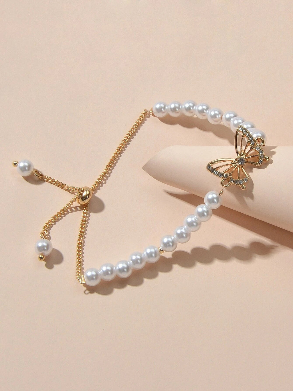 Rhinestone Butterfly Charm Pearl Sliding Adjustable Bracelet