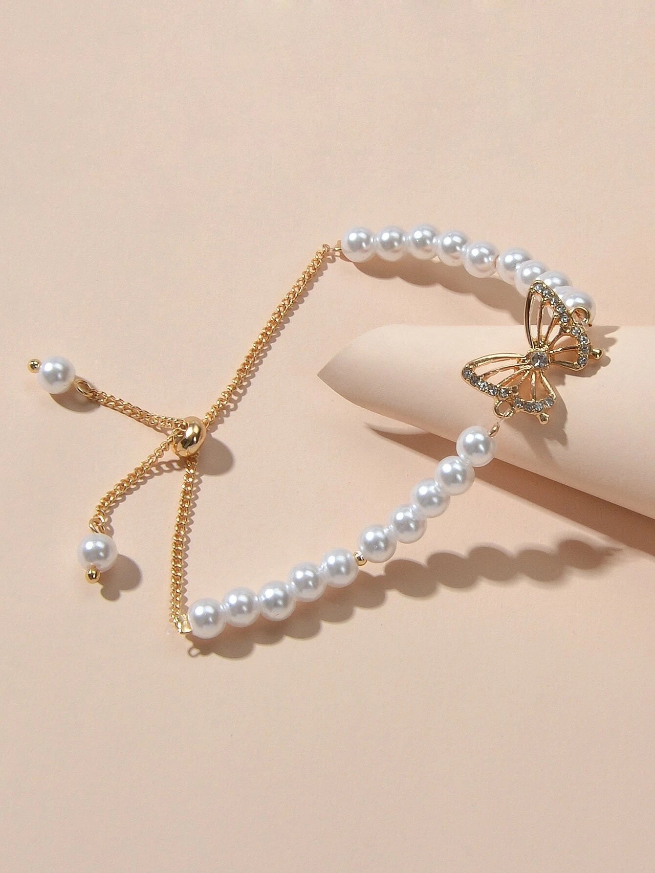 Rhinestone Butterfly Charm Pearl Sliding Adjustable Bracelet