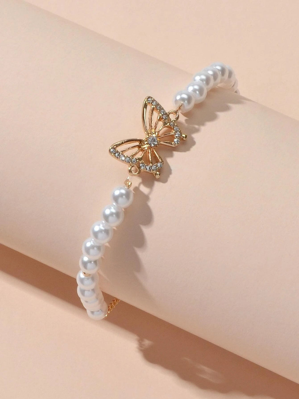 Rhinestone Butterfly Charm Pearl Sliding Adjustable Bracelet