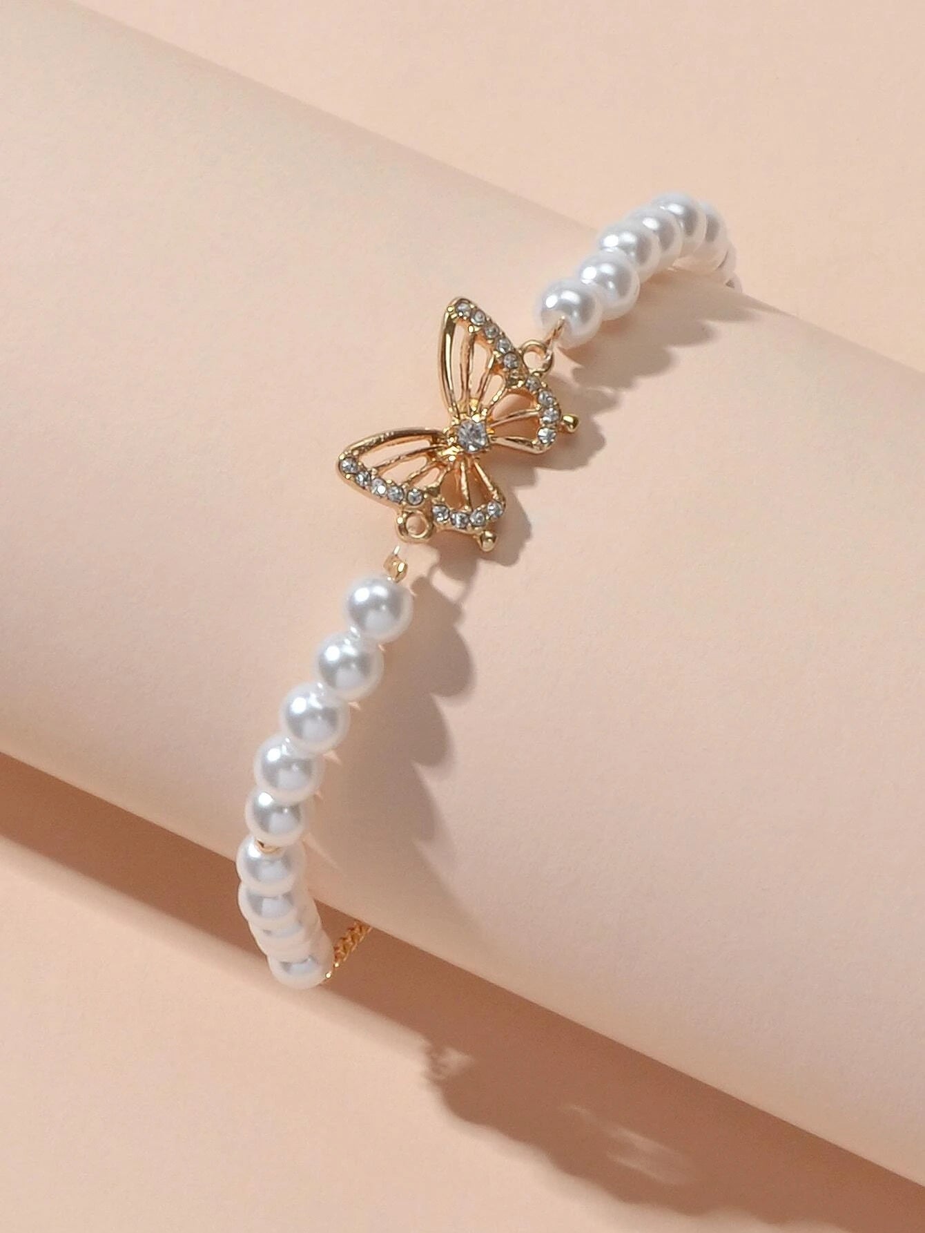 Rhinestone Butterfly Charm Pearl Sliding Adjustable Bracelet