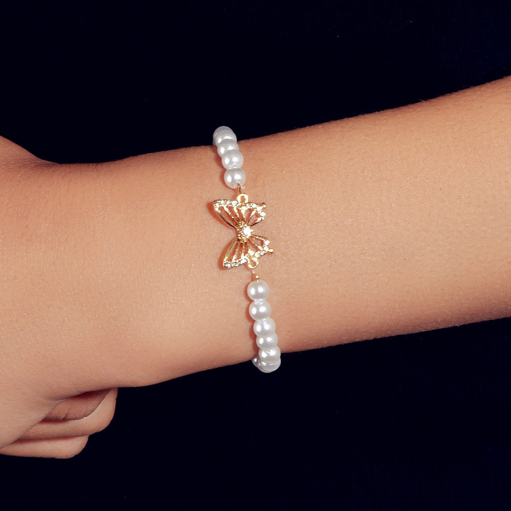 Rhinestone Butterfly Charm Pearl Sliding Adjustable Bracelet