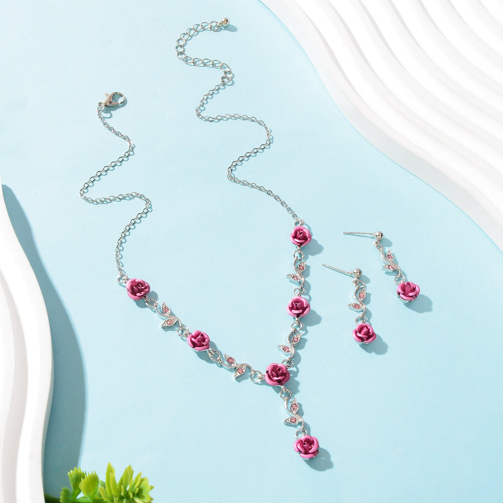 Jewellery set Silvery Chain Pink Flower Pendant Necklace Dangle Earrings