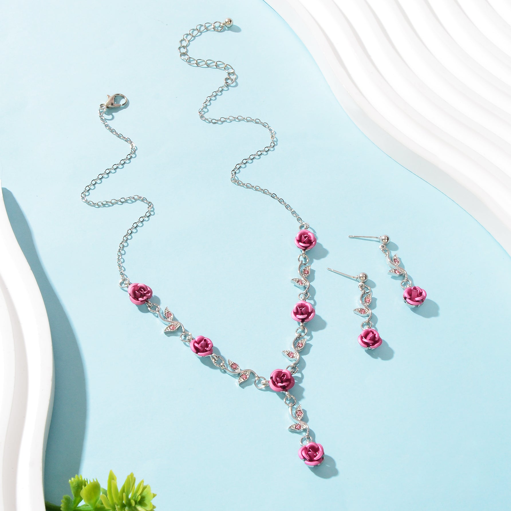 Jewellery set Silvery Chain Pink Flower Pendant Necklace Dangle Earrings