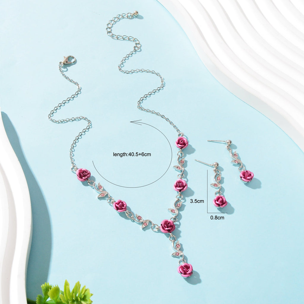 Jewellery set Silvery Chain Pink Flower Pendant Necklace Dangle Earrings