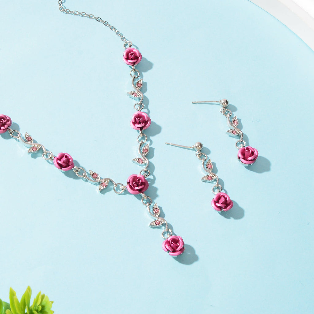 Jewellery set Silvery Chain Pink Flower Pendant Necklace Dangle Earrings