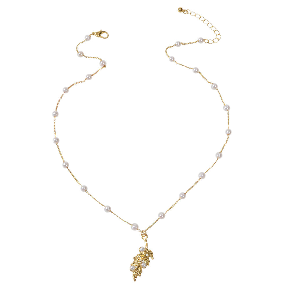 Pearl Gold Leaf Pendant Necklace Women Accessories