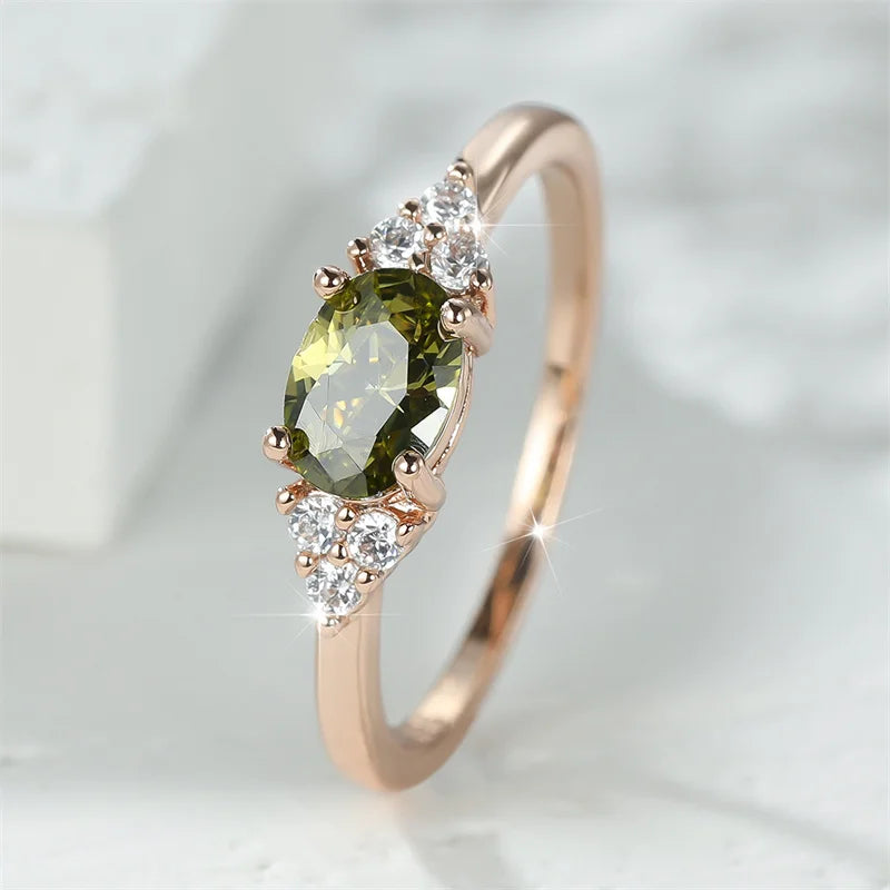 Simple Small Olive Green Stone Ring Rose Gold Color Oval Zircon Minimalist Stacking Thin Ring