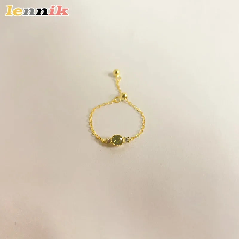 Sterling Silver Plated 14K Gold Peridot Adjustable Chain Ring Women Japanese Style