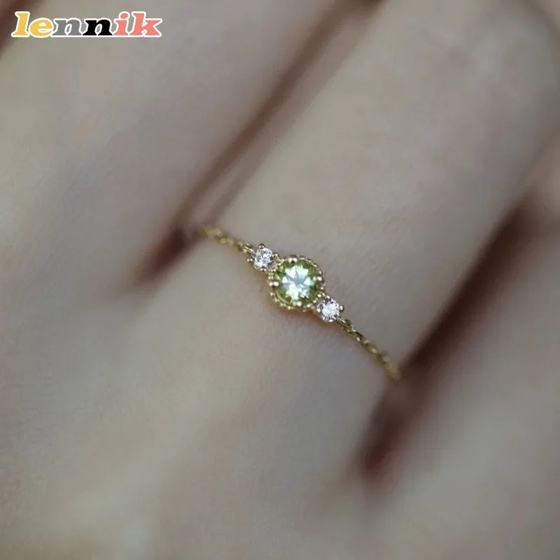 Sterling Silver Plated 14K Gold Peridot Adjustable Chain Ring Women Japanese Style