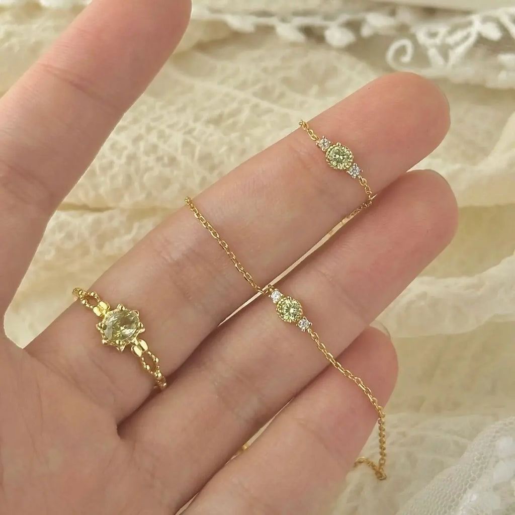 Sterling Silver Plated 14K Gold Olive Green Zircon Bracelet
