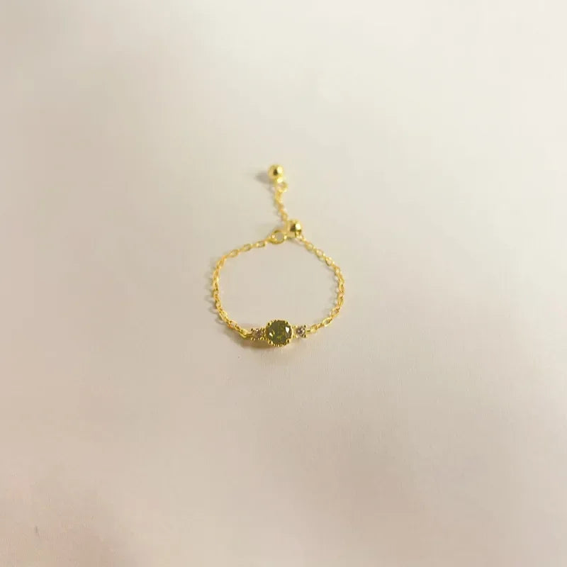 Sterling Silver Plated 14K Gold Peridot Adjustable Chain Ring Women Japanese Style