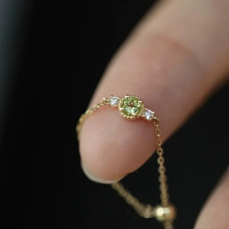 Sterling Silver Plated 14K Gold Peridot Adjustable Chain Ring Women Japanese Style