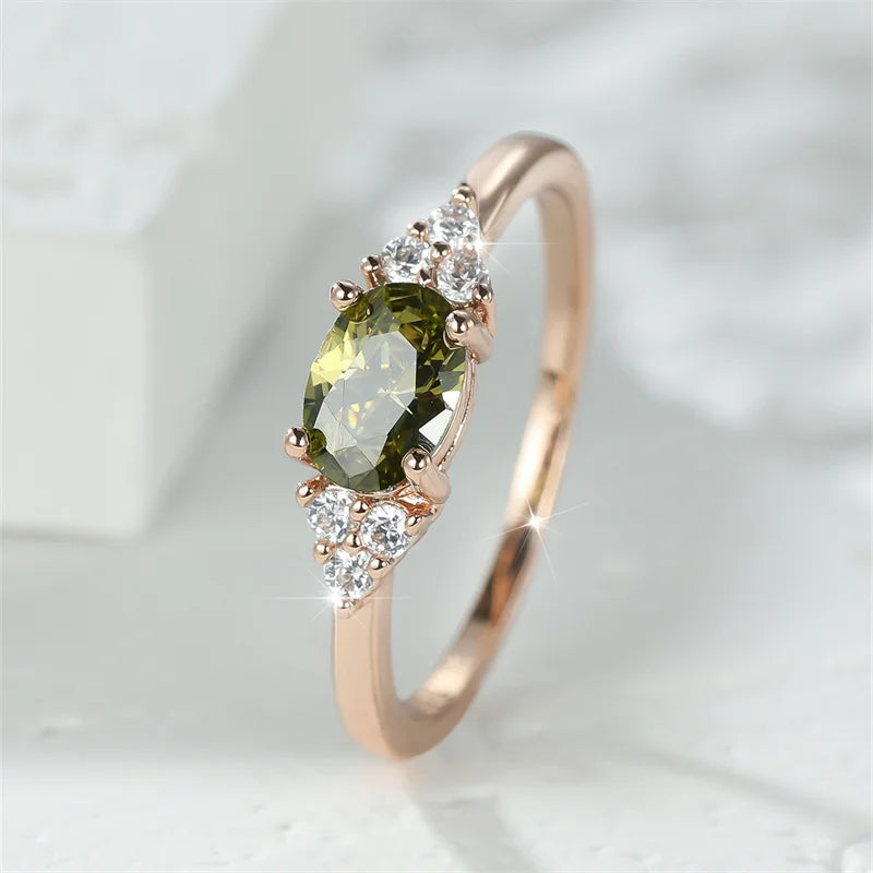 Simple Small Olive Green Stone Ring Rose Gold Color Oval Zircon Minimalist Stacking Thin Ring