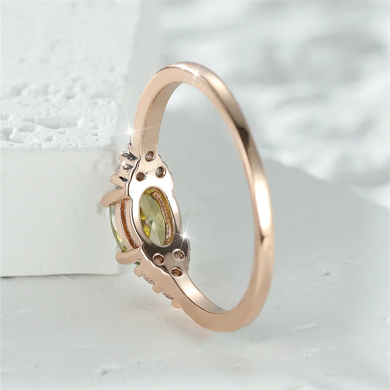 Simple Small Olive Green Stone Ring Rose Gold Color Oval Zircon Minimalist Stacking Thin Ring