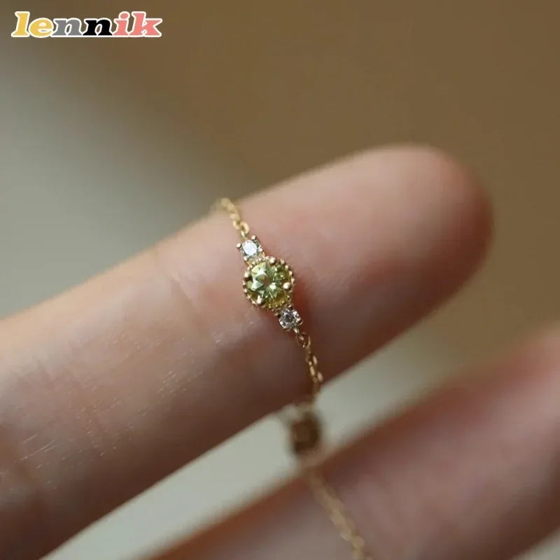 Sterling Silver Plated 14K Gold Peridot Adjustable Chain Ring Women Japanese Style