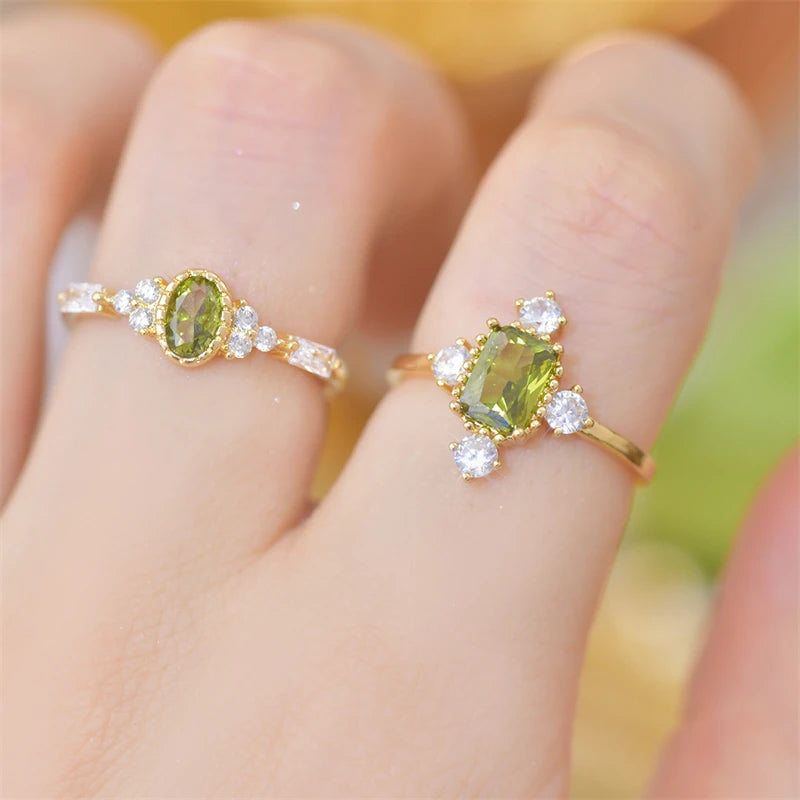 French Retro Olive Green Crystal Stainless Steel Adjustable Ring