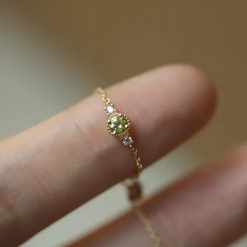 Sterling Silver Plated 14K Gold Peridot Adjustable Chain Ring Women Japanese Style