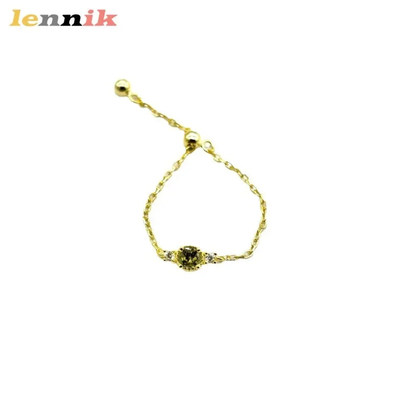 Sterling Silver Plated 14K Gold Peridot Adjustable Chain Ring Women Japanese Style
