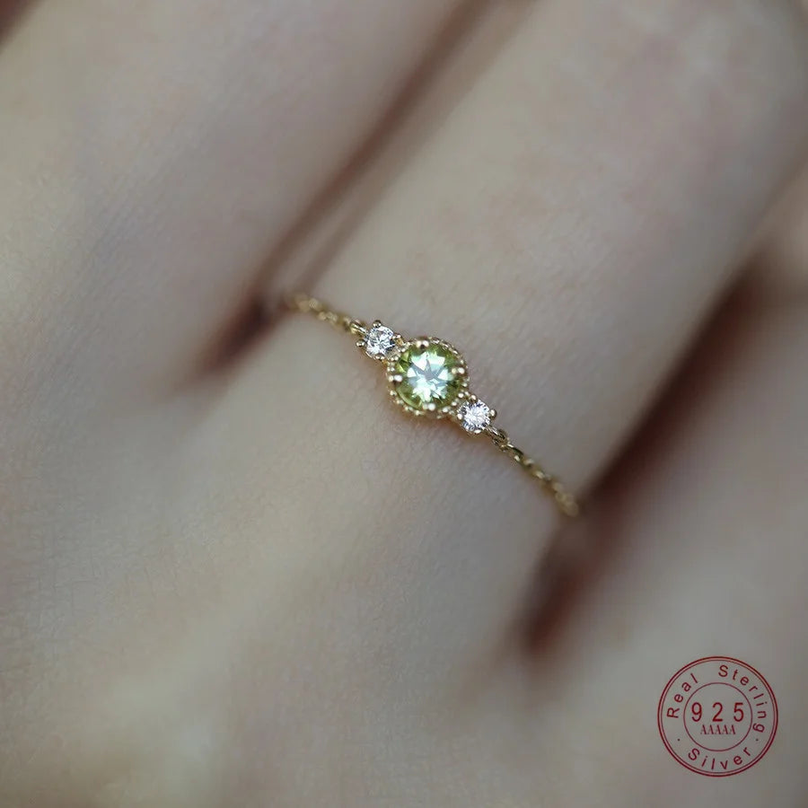925 Sterling Silver Plated 14k Gold Green Zircon Chain Adjustable Ring
