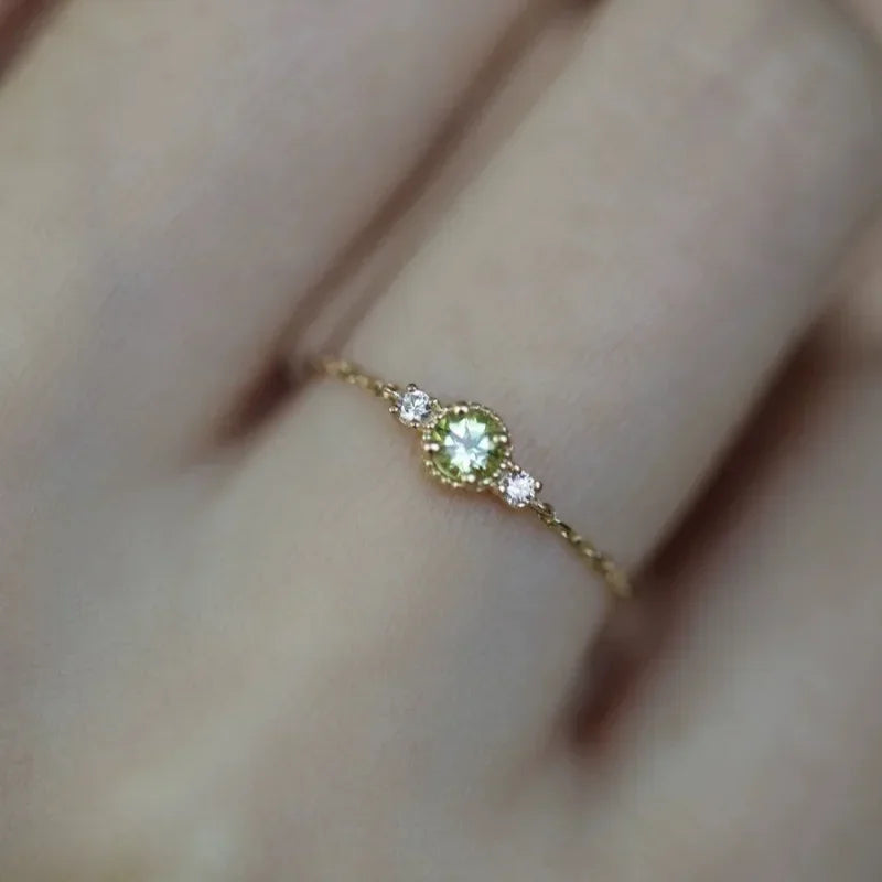 Sterling Silver Plated 14K Gold Peridot Adjustable Chain Ring Women Japanese Style