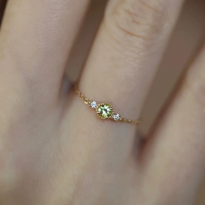 Sterling Silver Plated 14K Gold Peridot Adjustable Chain Ring Women Japanese Style