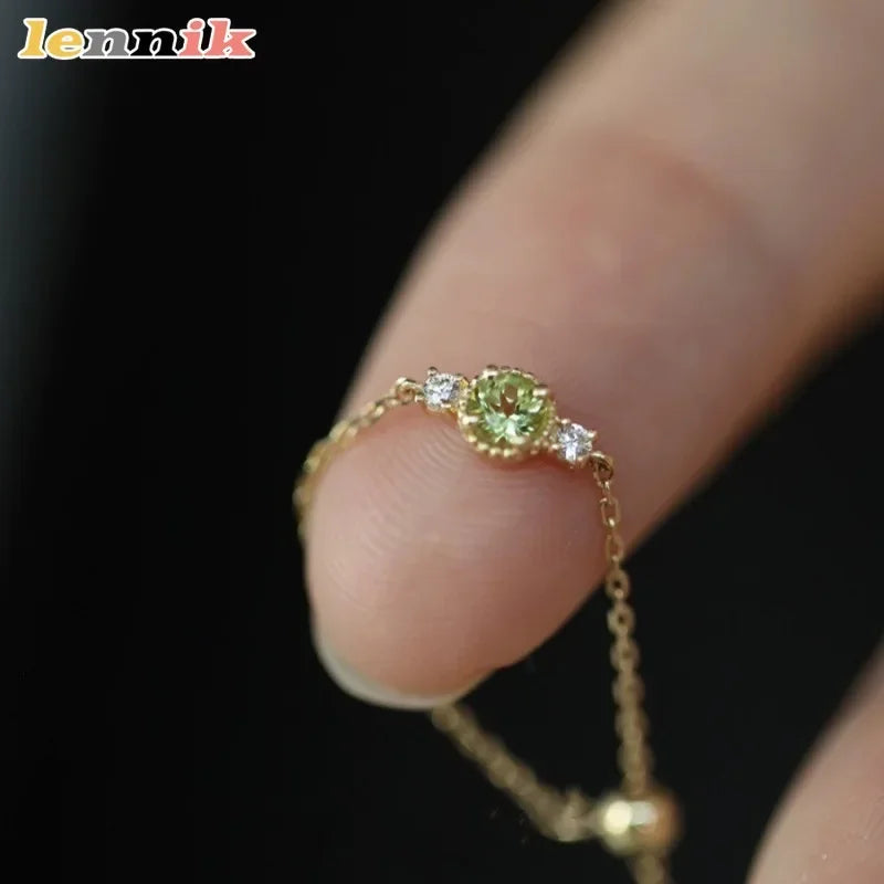 Sterling Silver Plated 14K Gold Peridot Adjustable Chain Ring Women Japanese Style