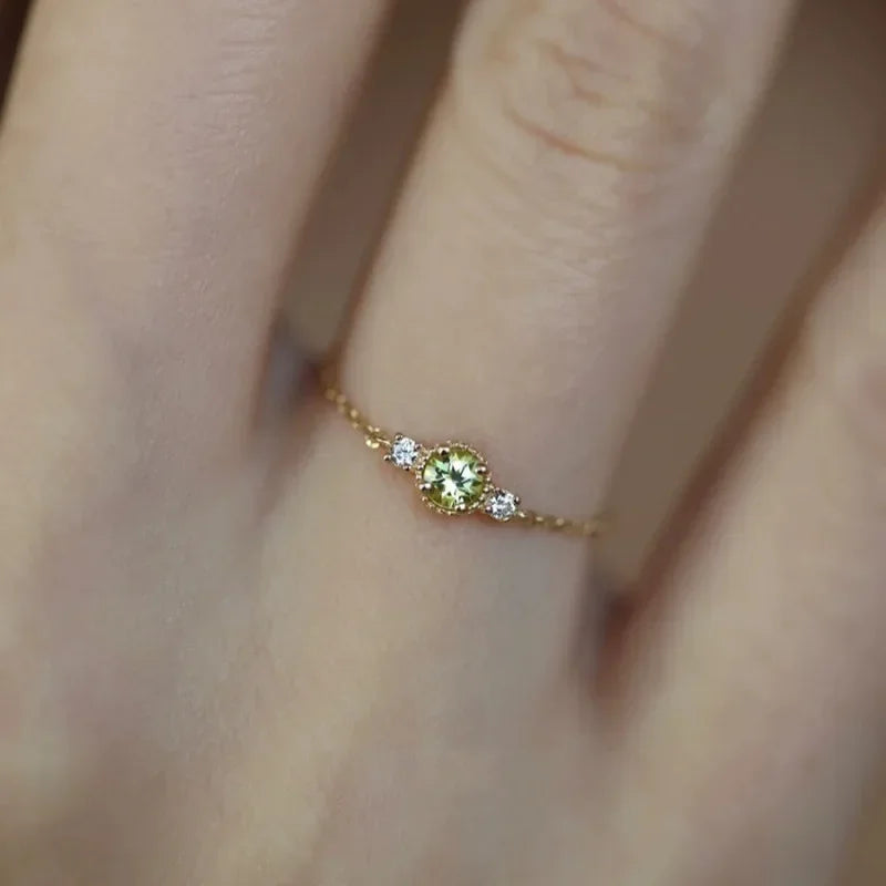 Sterling Silver Plated 14K Gold Peridot Adjustable Chain Ring Women Japanese Style