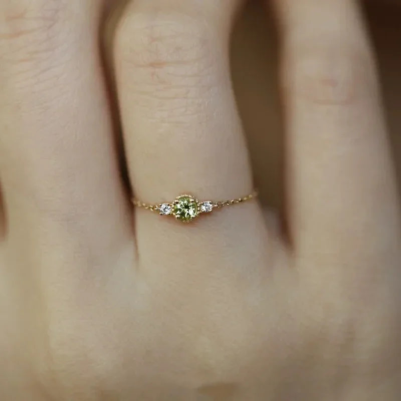 Sterling Silver Plated 14K Gold Peridot Adjustable Chain Ring Women Japanese Style