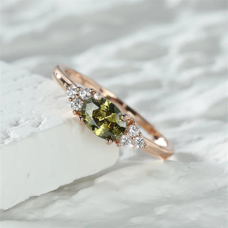 Simple Small Olive Green Stone Ring Rose Gold Color Oval Zircon Minimalist Stacking Thin Ring