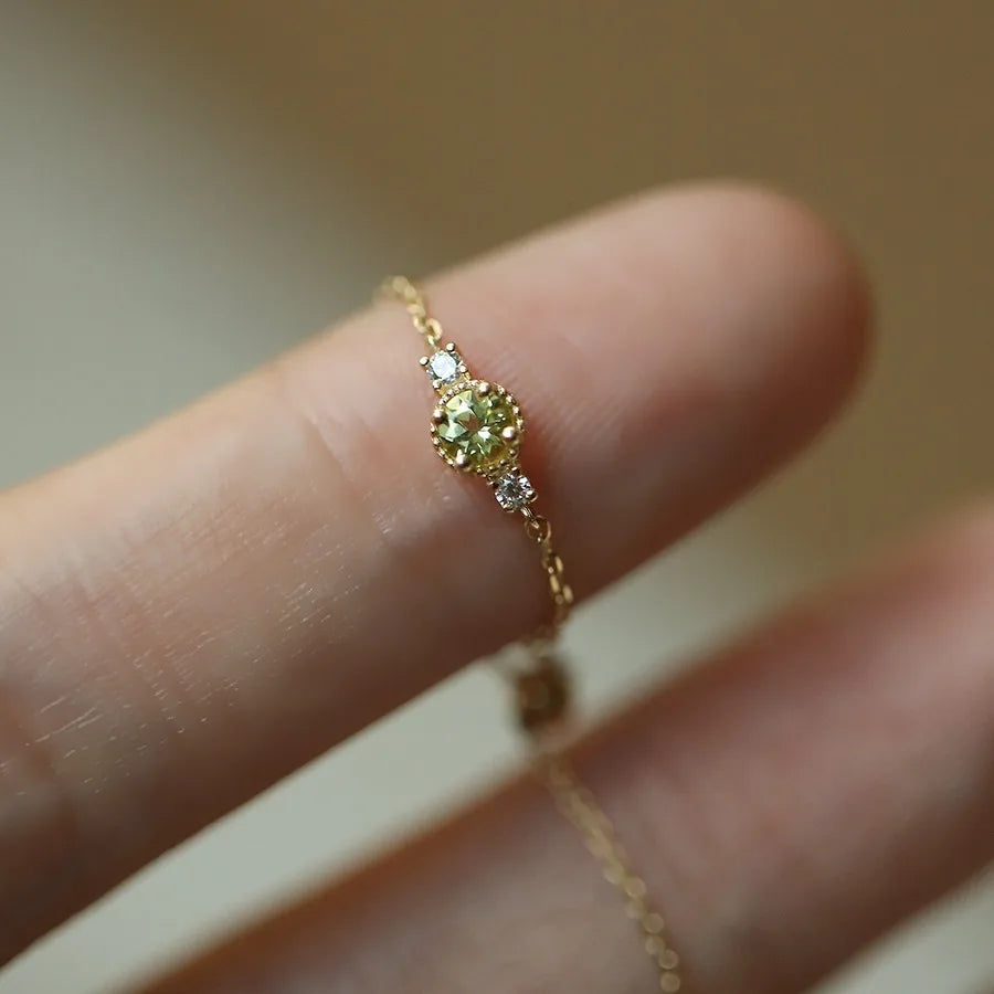925 Sterling Silver Plated 14k Gold Green Zircon Chain Adjustable Ring