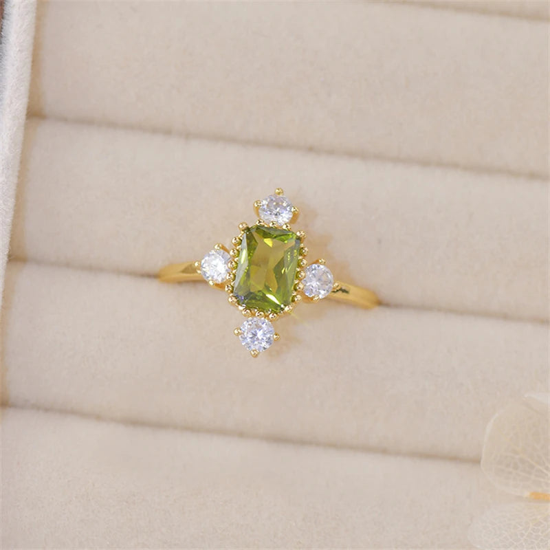 French Retro Olive Green Crystal Stainless Steel Adjustable Ring