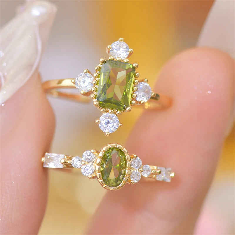 French Retro Olive Green Crystal Stainless Steel Adjustable Ring