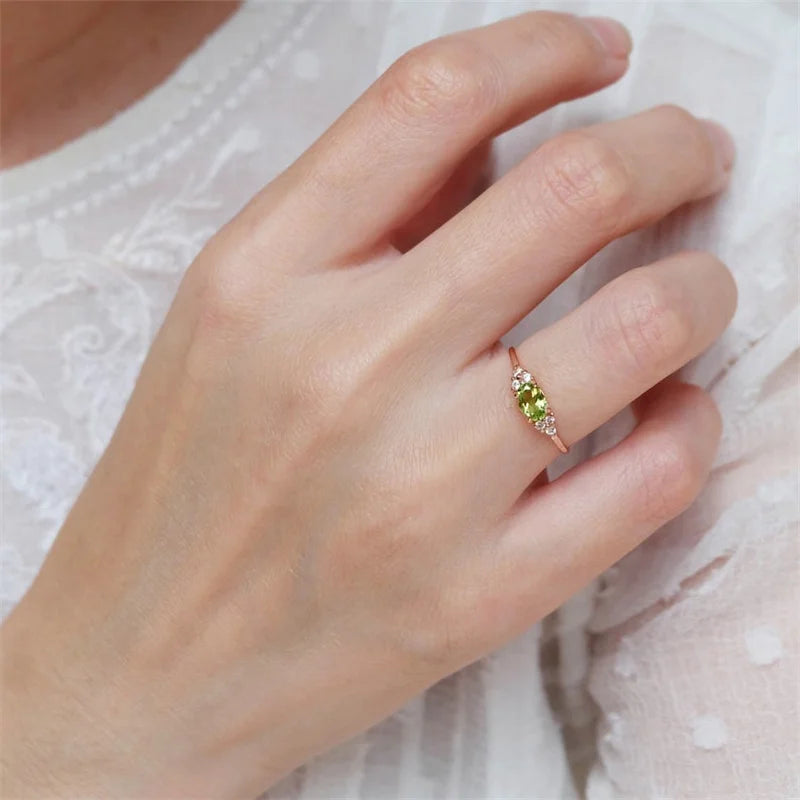 Simple Small Olive Green Stone Ring Rose Gold Color Oval Zircon Minimalist Stacking Thin Ring