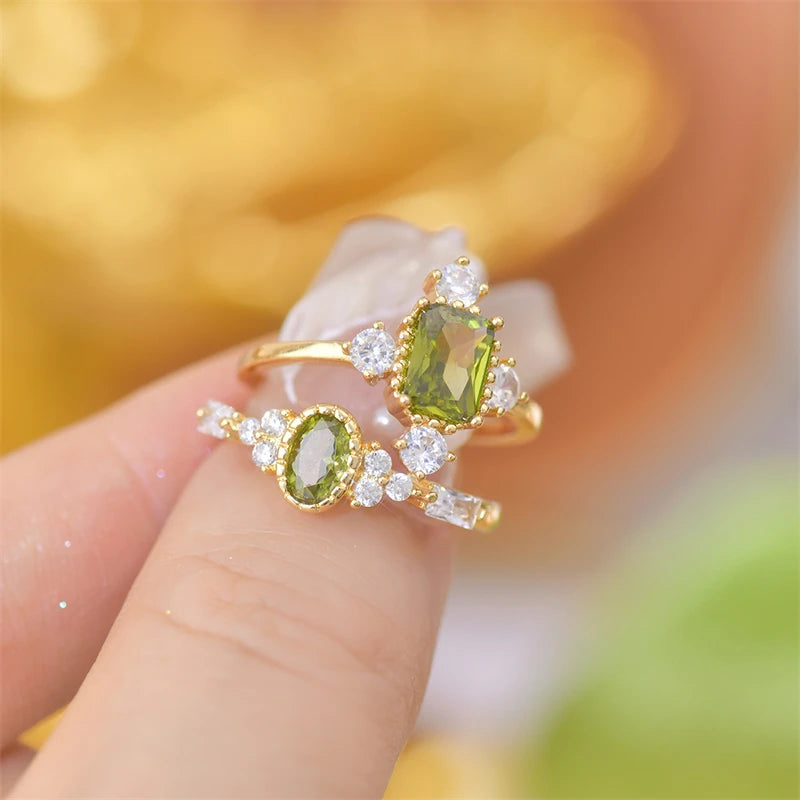 French Retro Olive Green Crystal Stainless Steel Adjustable Ring